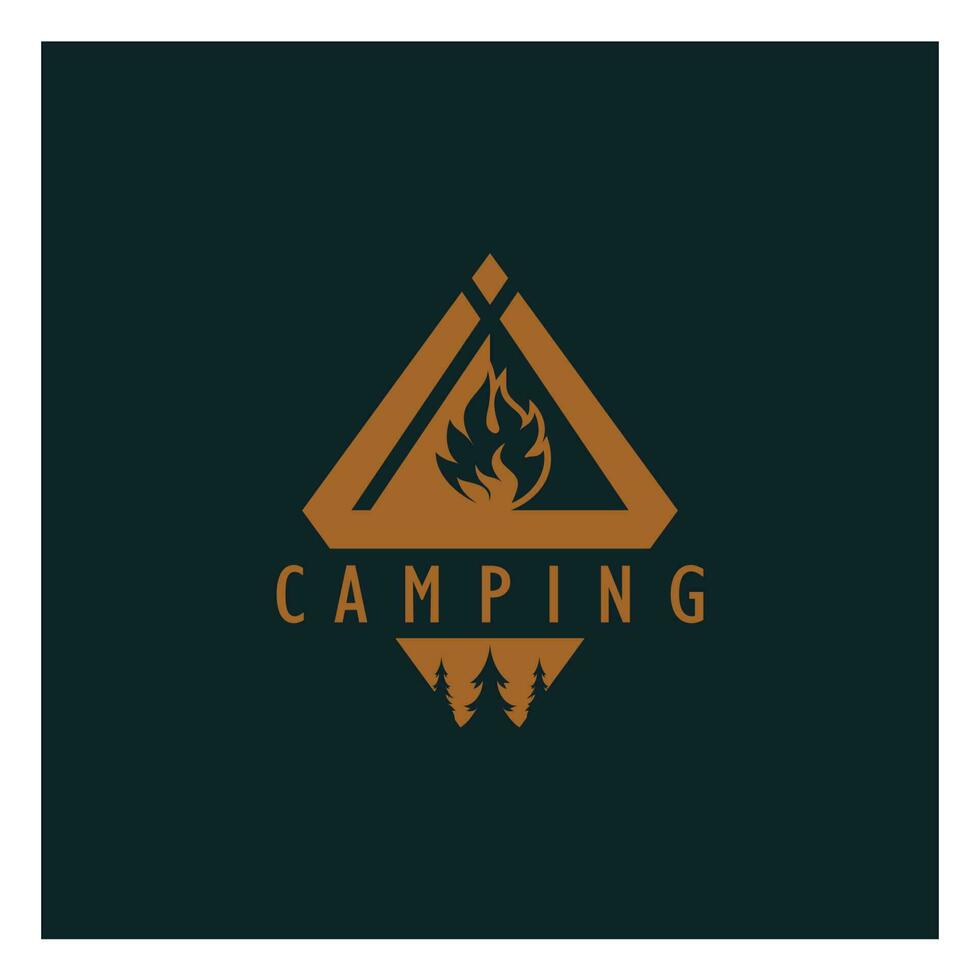 Clásico y retro tienda logo, cámping. con carpa, árbol y hoguera signo. aventureros, exploradores, escaladores, cámping equipo centrar vector