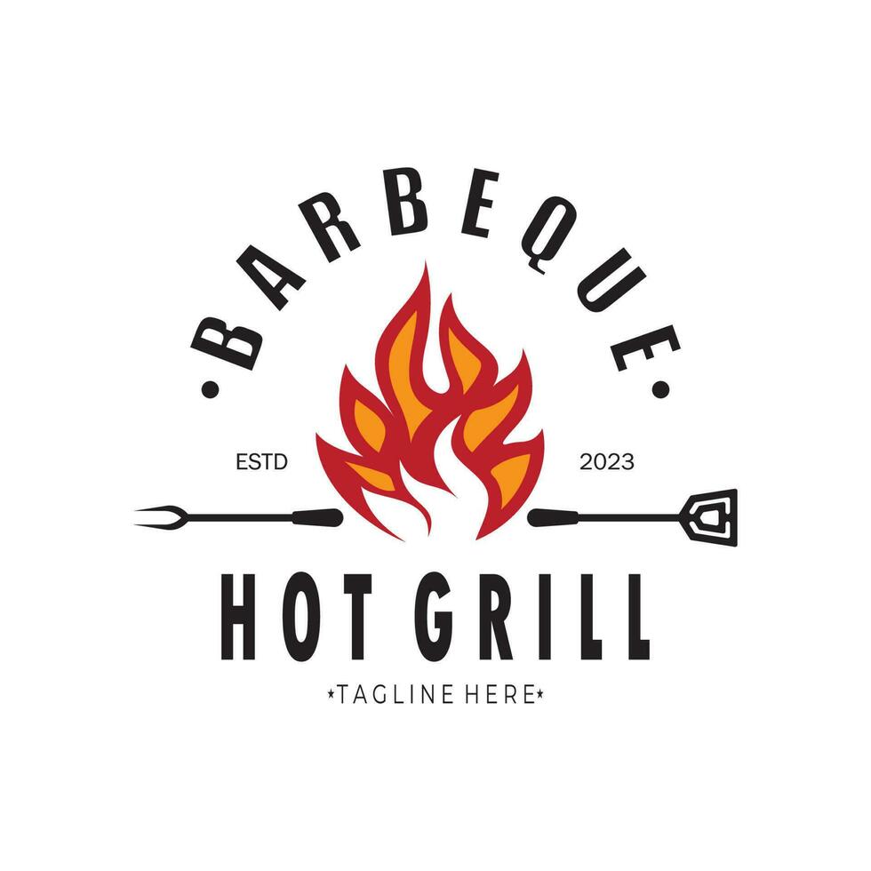 Smoke and BBQ Barbecue Vintage hot grill, with crossed flames and spatula. Logo for restaurant, badge, cafe and bar.vector vector