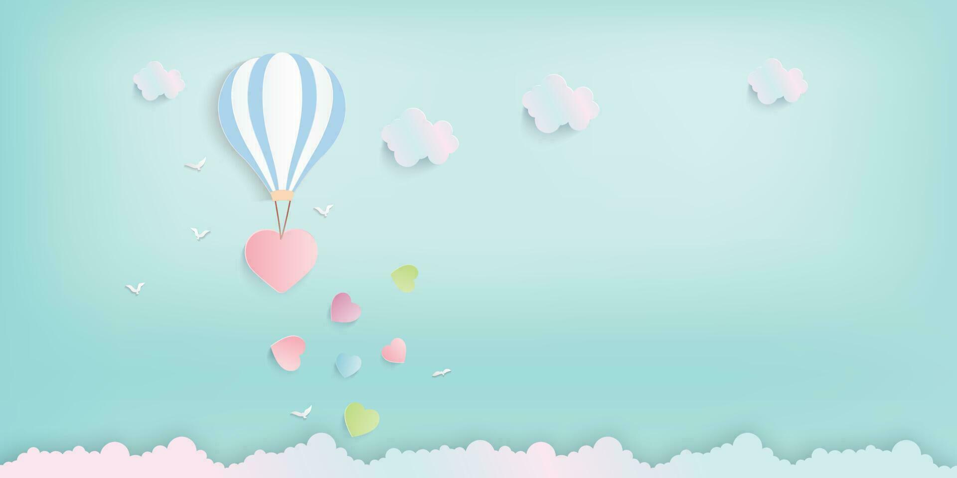 globo volador terminado nube con rosado corazón flotador en el cielo. y dispersión rosado corazón en el cielo, vector Arte de amor y enamorado, digital papel arte estilo.papel Arte de pastel antecedentes.