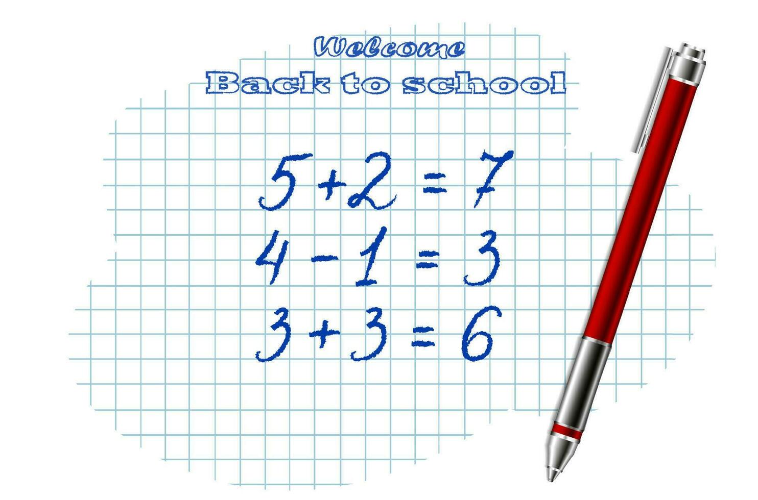 ballpoint pen, school supplies, stationery, checkered notebook with math examples. The concept of learning, back to school, first time to school. vector