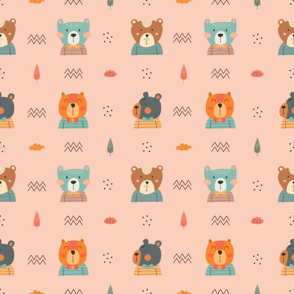 Seamless pattern with cute bear. bears, teddy, bear, trees and dots in scandinavian style isolated vector. vector