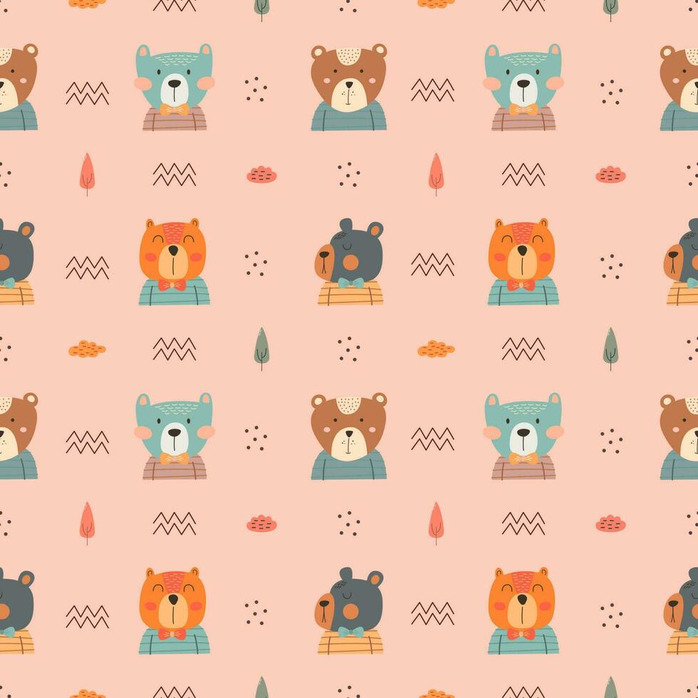 Seamless pattern with cute bear. bears, teddy, bear, trees and dots in scandinavian style isolated vector. vector