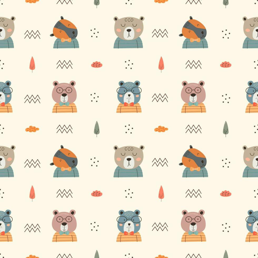 Seamless pattern with cute bear. bears, teddy, bear, trees and dots in scandinavian style isolated vector. vector