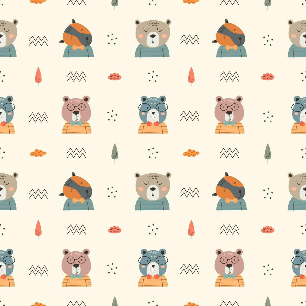 Seamless pattern with cute bear. bears, teddy, bear, trees and dots in scandinavian style isolated vector. vector