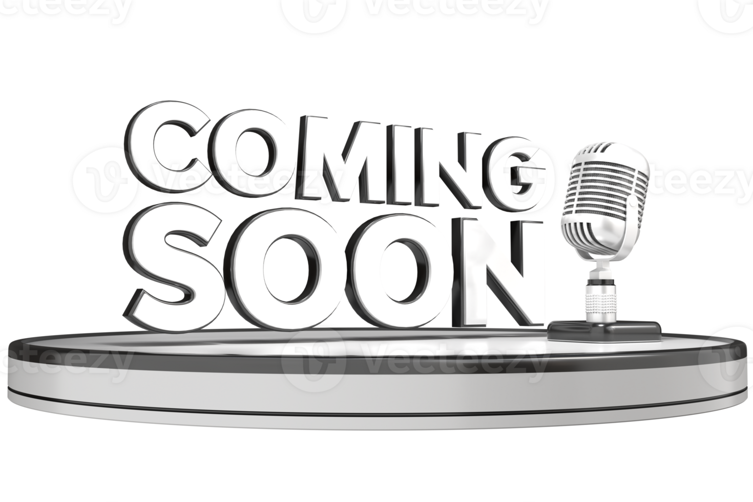3D coming soon text with microphone in high quality render image png