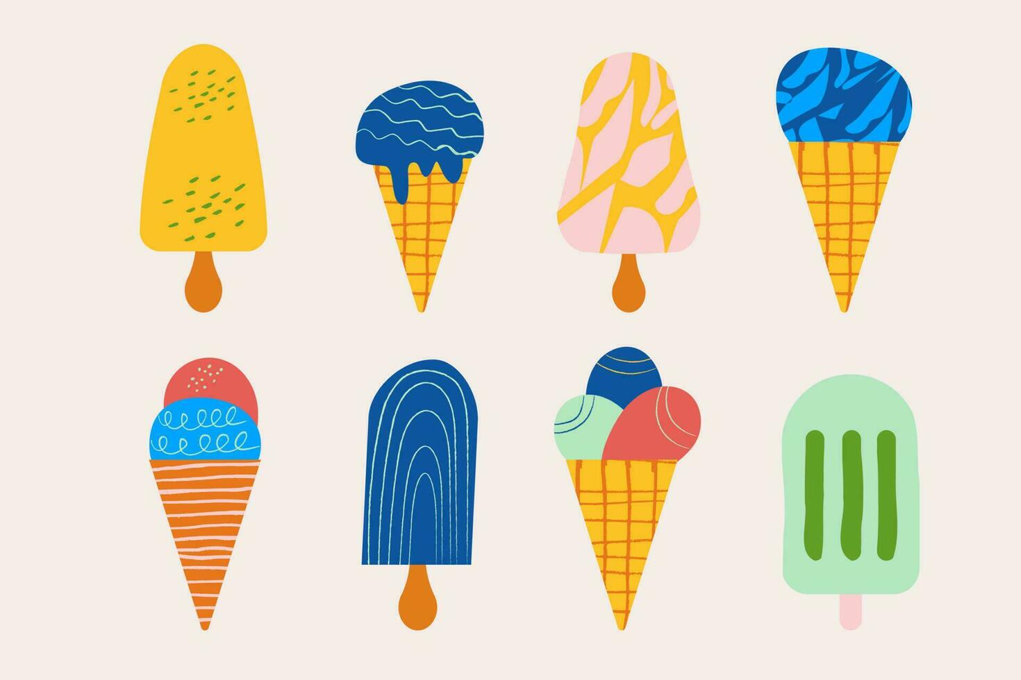 A set of different hand-drawn ice creams. Flat design vector