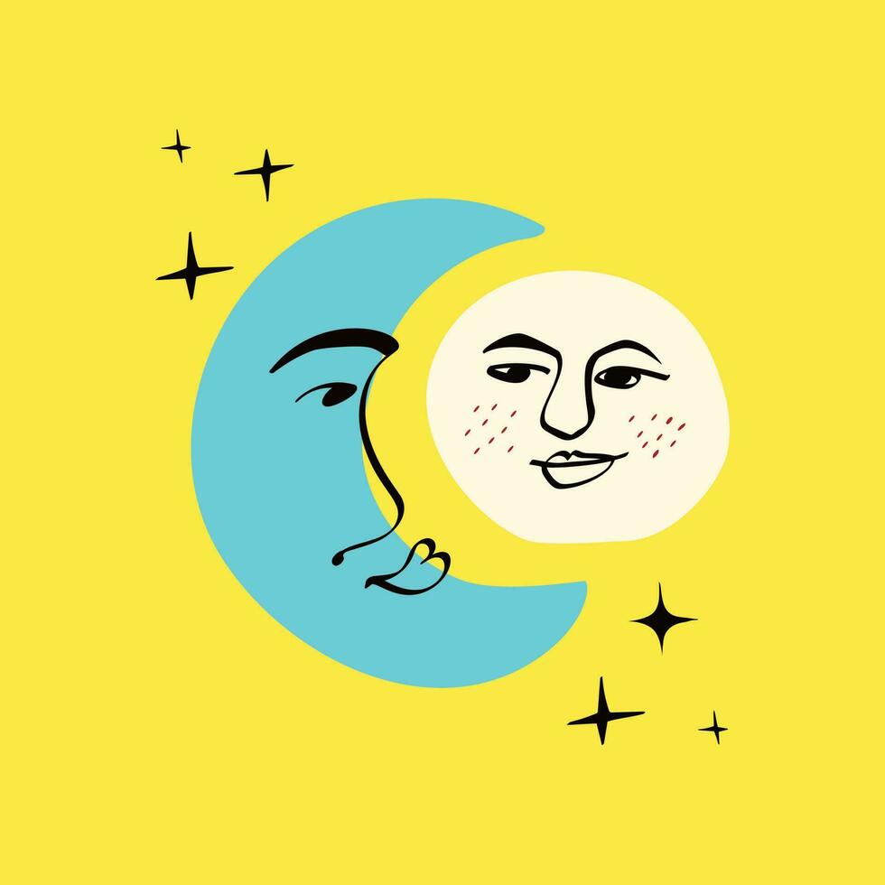 Sun and moon with a lovely face. Freaky quirky moon . Card in modern cartoon style vector