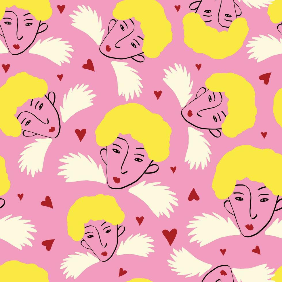 fancy angels and heart Valentines Day pattern. Illustration in a doodle style vector