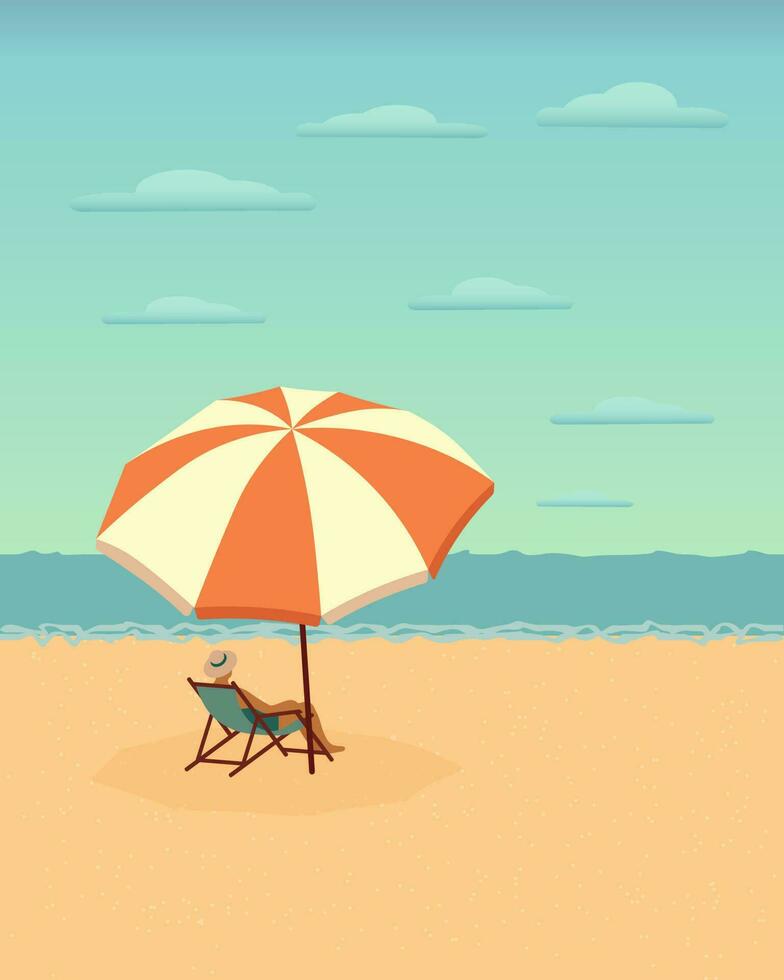 Seascape, a man in a beach chair under a beach umbrella on a sea beach. Clip art, print, poster vector