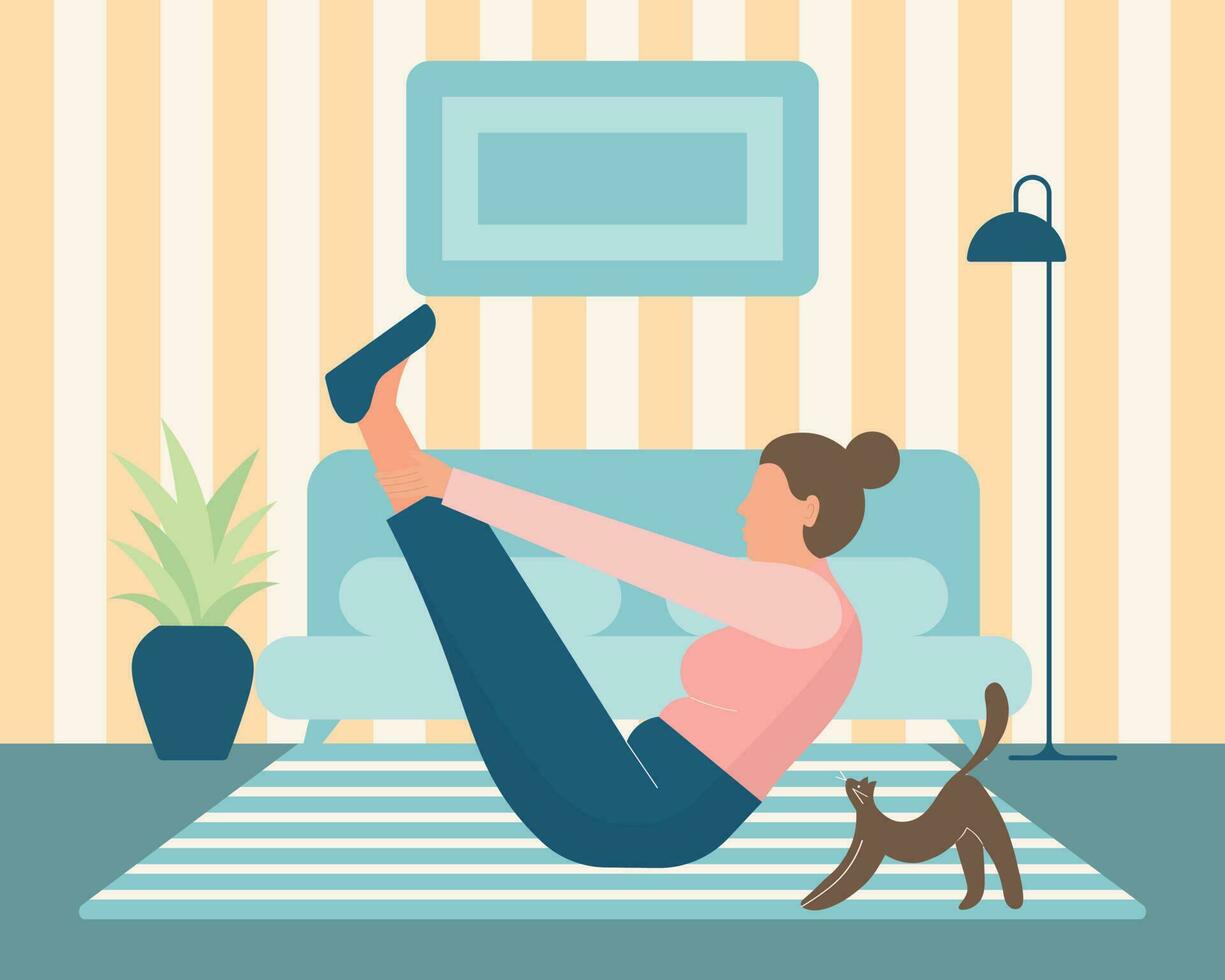 A young woman does gymnastics at home with a cat. Illustration, vector