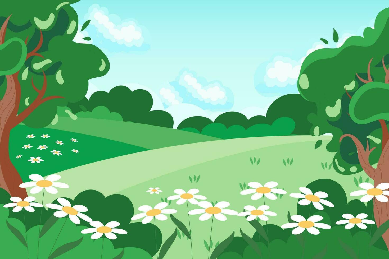 Spring-summer landscape, chamomile meadows and trees against the sky with clouds. Illustration, background, vector