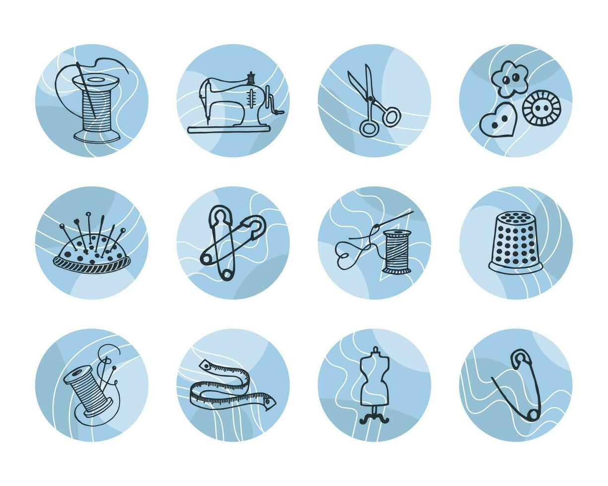 Set of contour icons for sewing. Sewing machine, spools of thread, buttons, thimble, needle holder. Round icons, vector