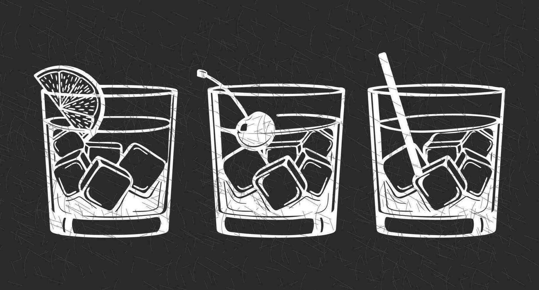 Set of white grunge drawings of refreshing cocktails with ice cubes, straws and umbrellas on a dark background. Drink icons, cafe menu, vector