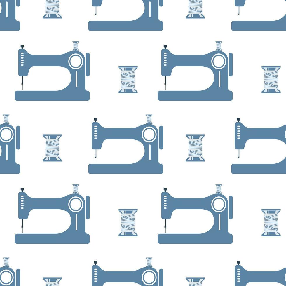 Sewing seamless pattern, sewing machines and spools of thread on a white background. Hobby background, print, textile, wallpaper, vector