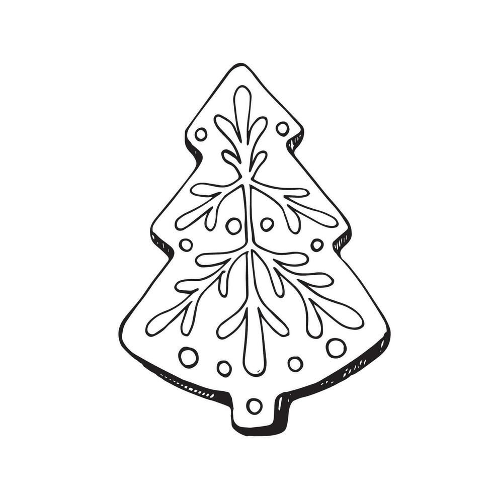 Hand drawn sketch of christmas cookie isolated on white background. Vector vintage line art illustration. Gingerbread christmas tree. Merry christmas text.