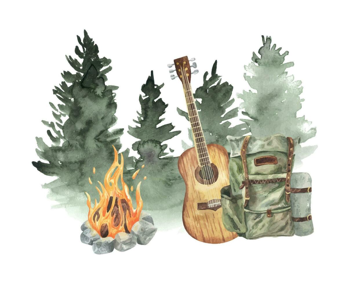 Fir trees, bonfire, guitar, forest composition. Watercolor card camping party hand drawn. vector