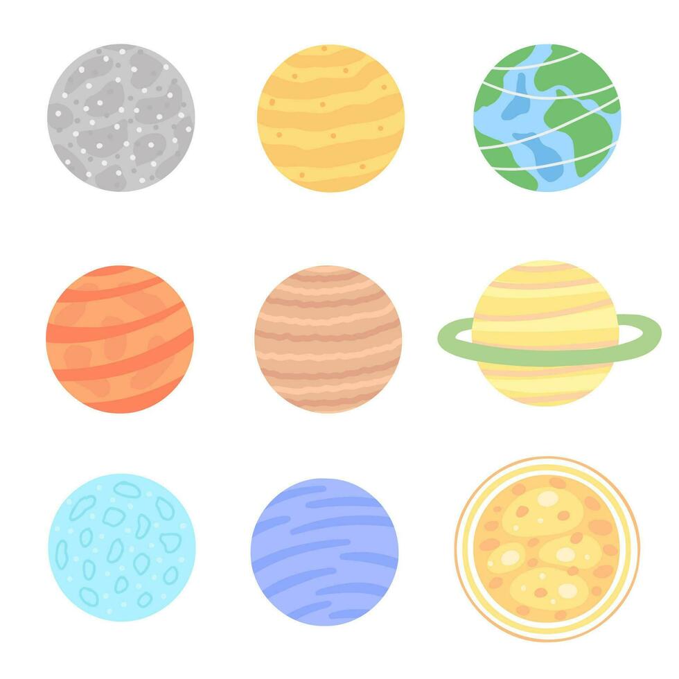 planet set, solar system planet. Illustration for printing, backgrounds, covers and packaging. Image can be used for greeting cards, posters, stickers and textile. Isolated on white background. vector