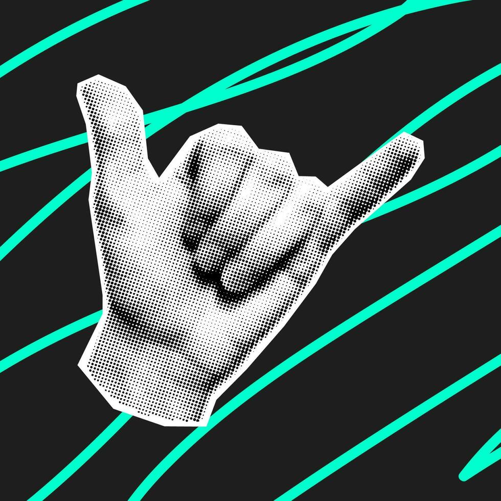 Hand gesture on dark background in trendy halftone style. Modern collage, paper cut with hand gesture, pop art. vector