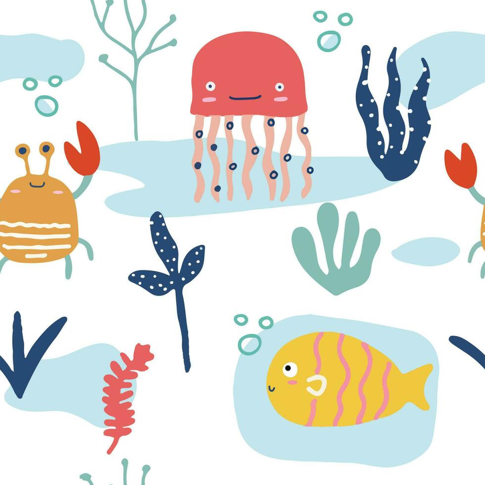 Cute sea animal and ornament seamless pattern vector