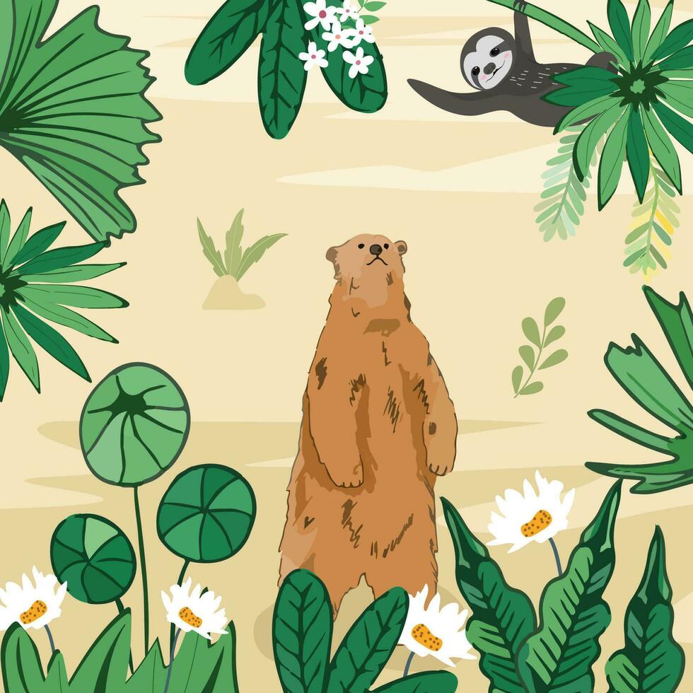 Teddy bear and cute sloth in tropical forest.GB vector