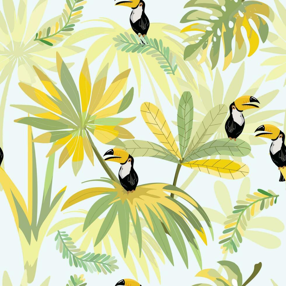 Hornbill bird in yellow and green forest seamless pattern vector