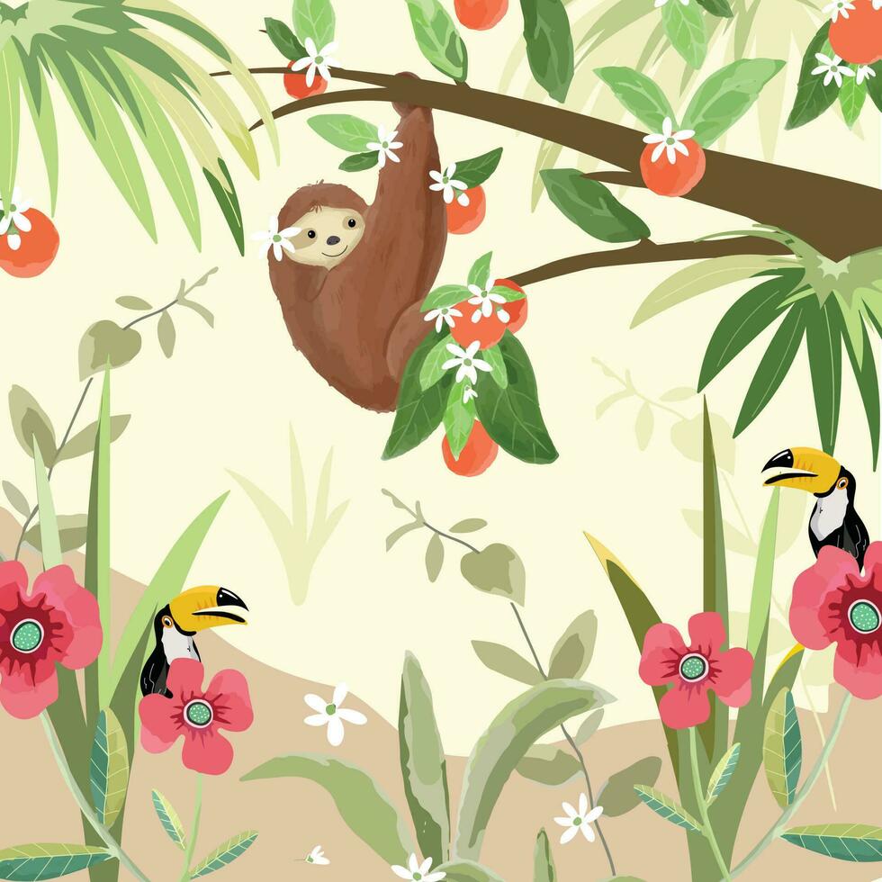 Cute sloth in tropical forest vector