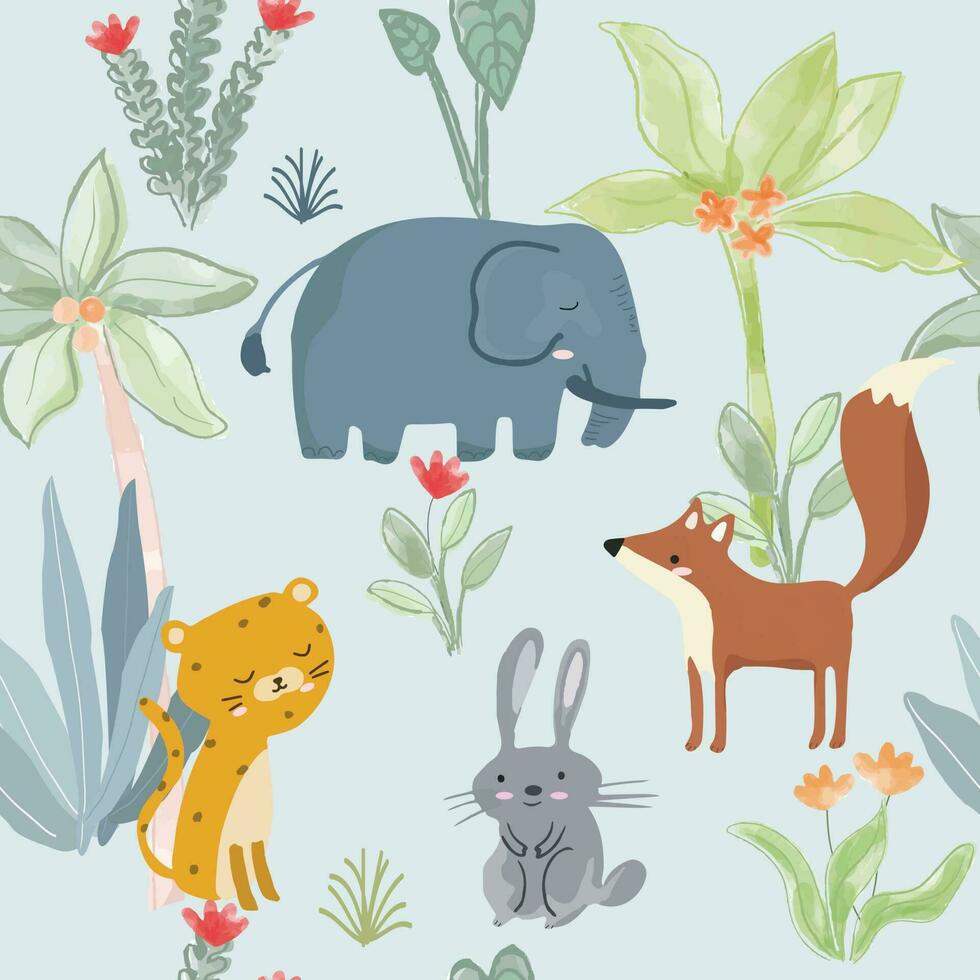 Cute animal in the forest seamless pattern vector