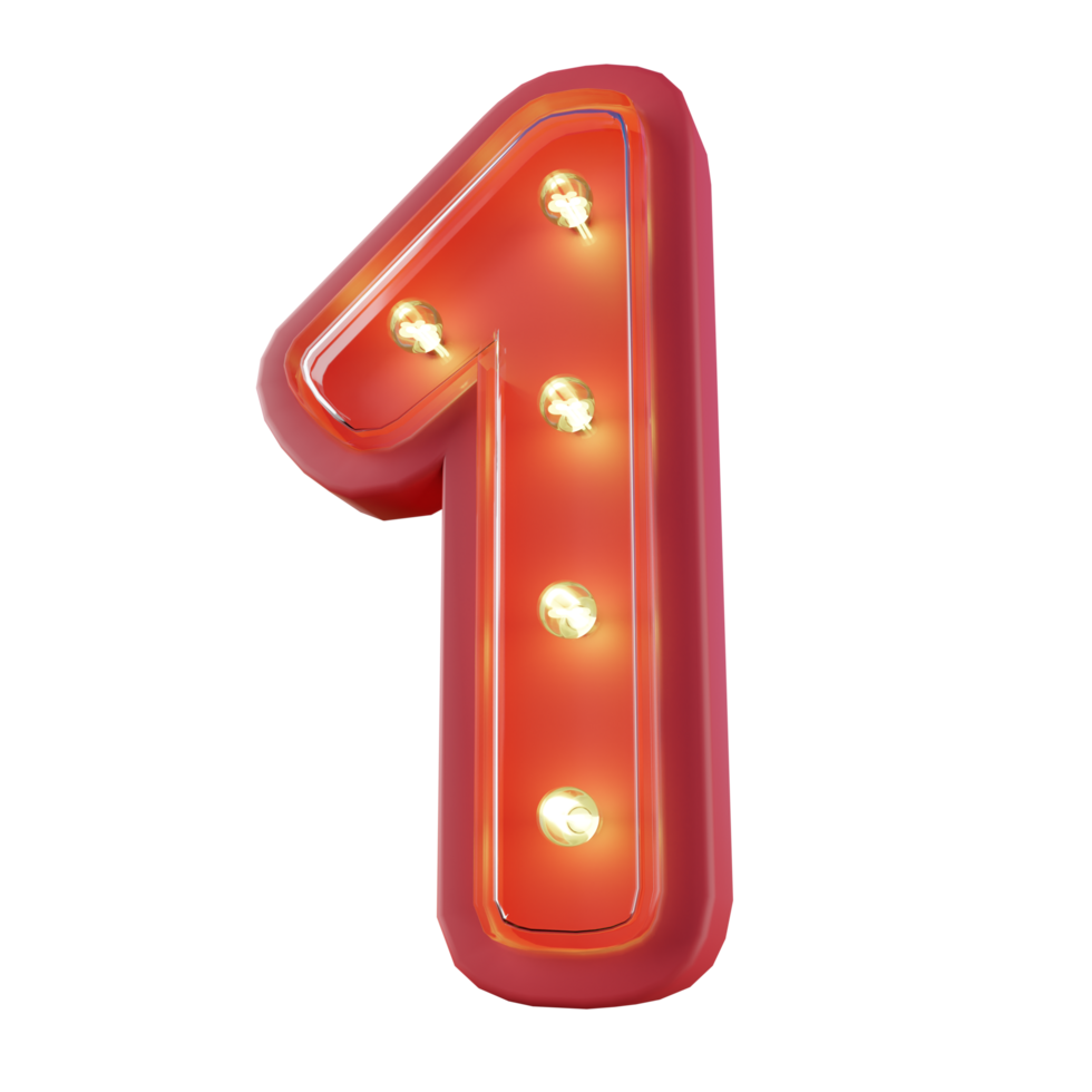 3d Render of Number 1 Neon LED Typography png