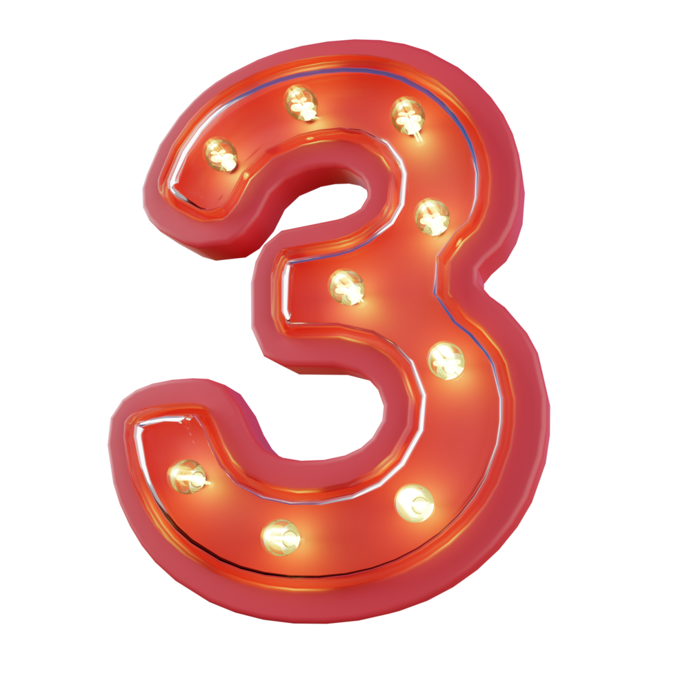 3d Render of Number 3 Neon LED Typography png