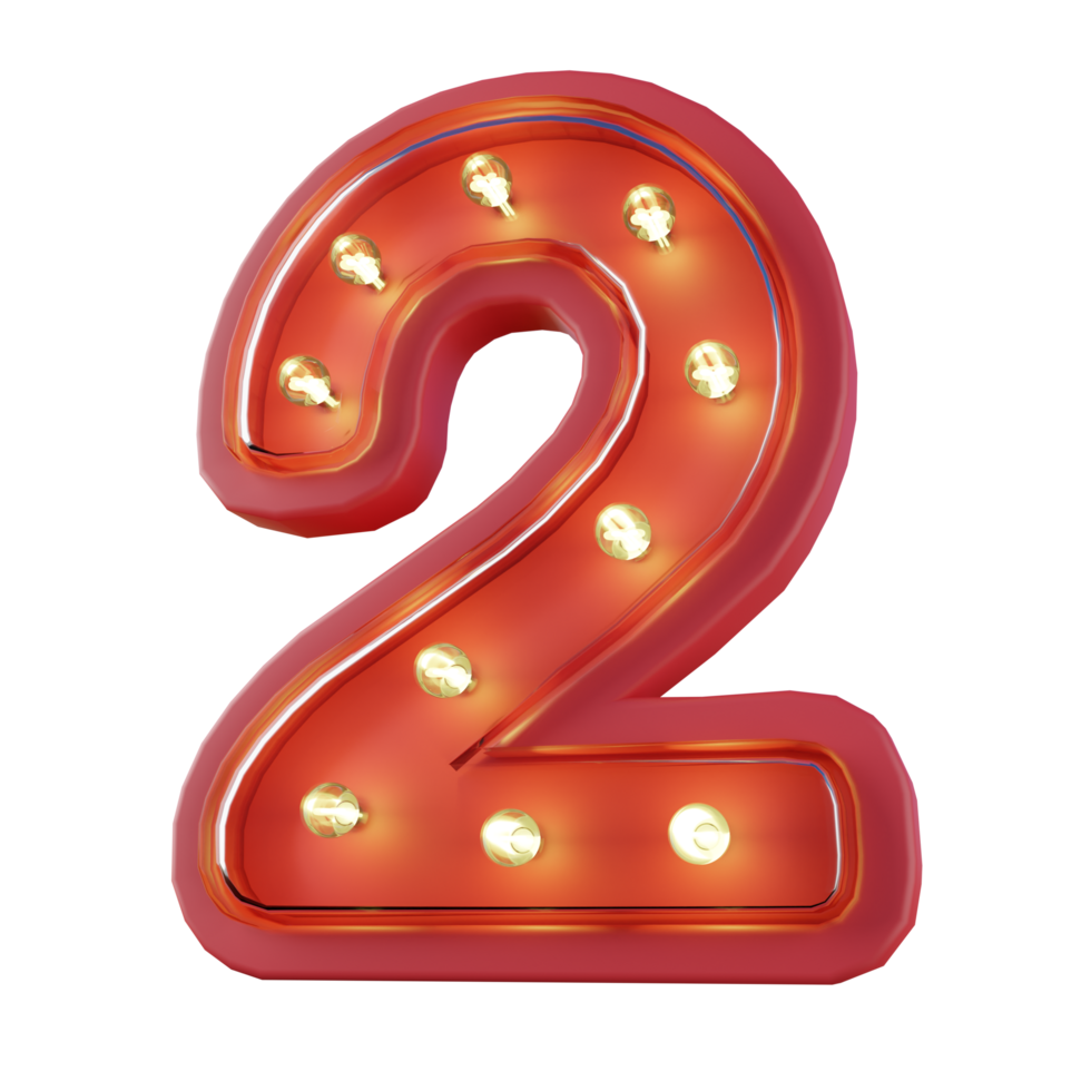 3d Render of Number 2 Neon LED Typography png