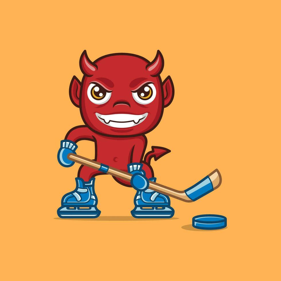 linda dibujos animados diablo jugando hockey vector