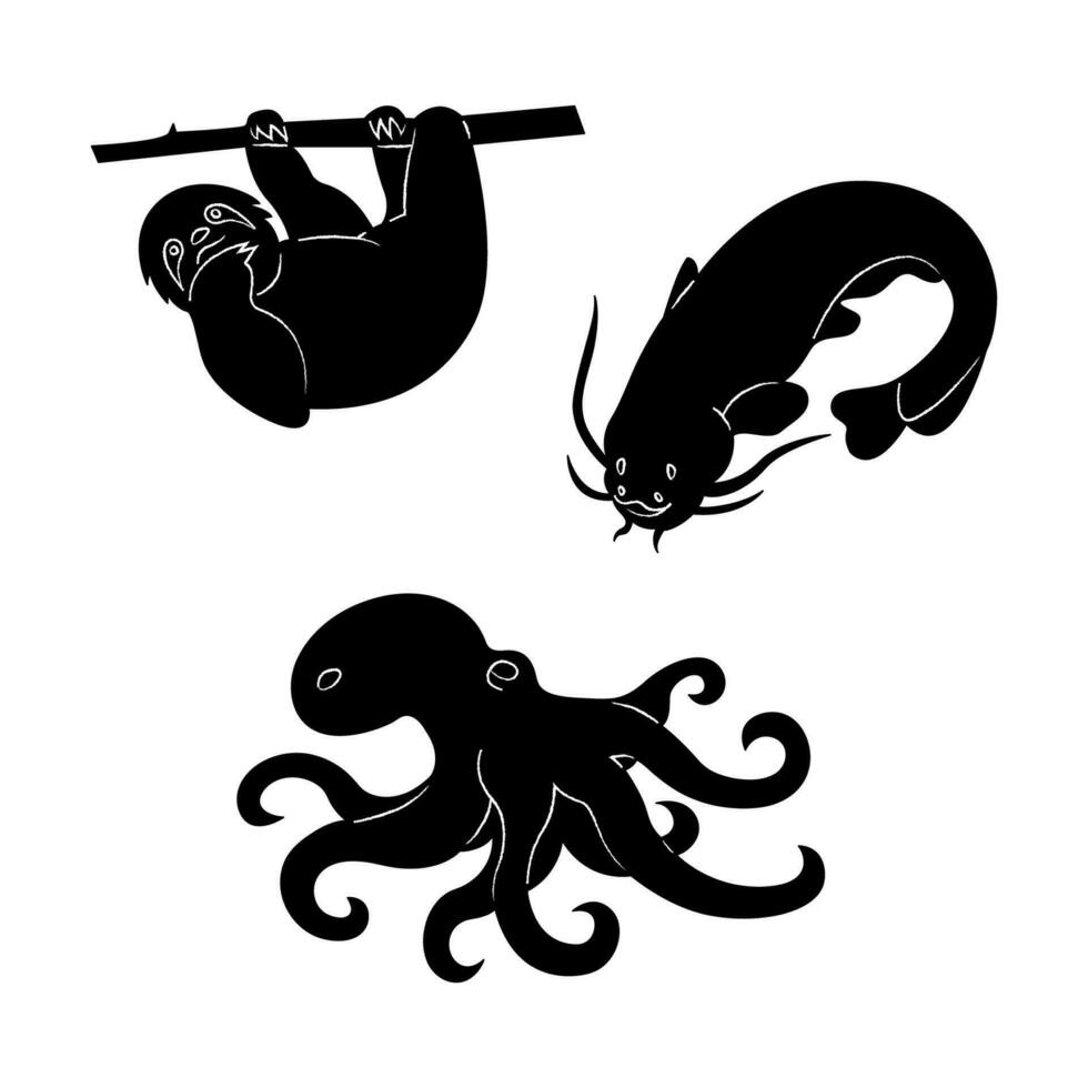 A small set of silhouettes of a sloth, an octopus and a catfish. Doodle black and white vector illustration.