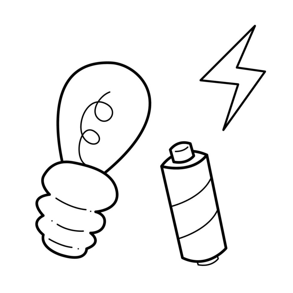 A small set of incandescent bulbs, batteries and a lightning bolt sign. Doodle black and white vector illustration.