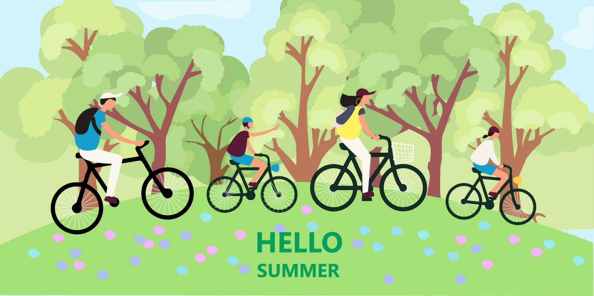 Active family riding on bike at forest park vector flat illustration. Mother, father, daughter and son cycling together. Parents and kids enjoying recreation lifestyle, outdoor activity. Hello summer