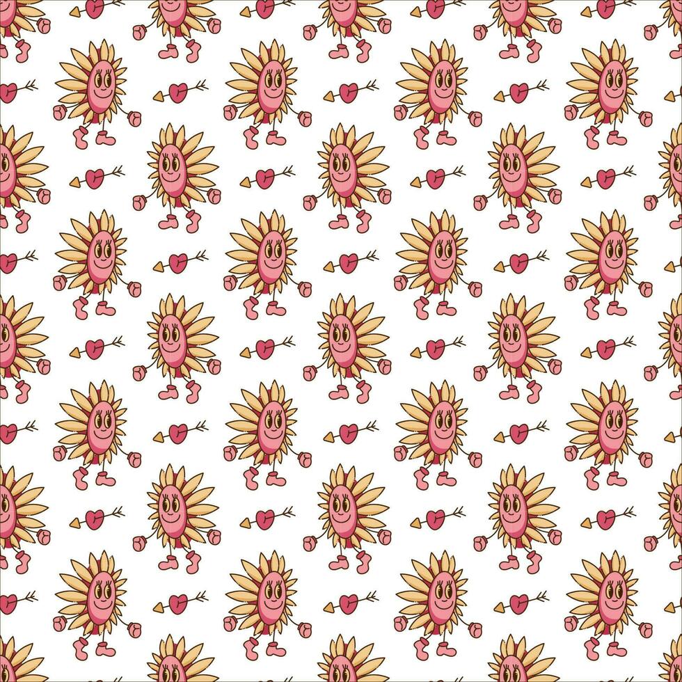 Seamless pattern in y2k style with sunflower character and arrow. Cartoon flat color vector illustration.