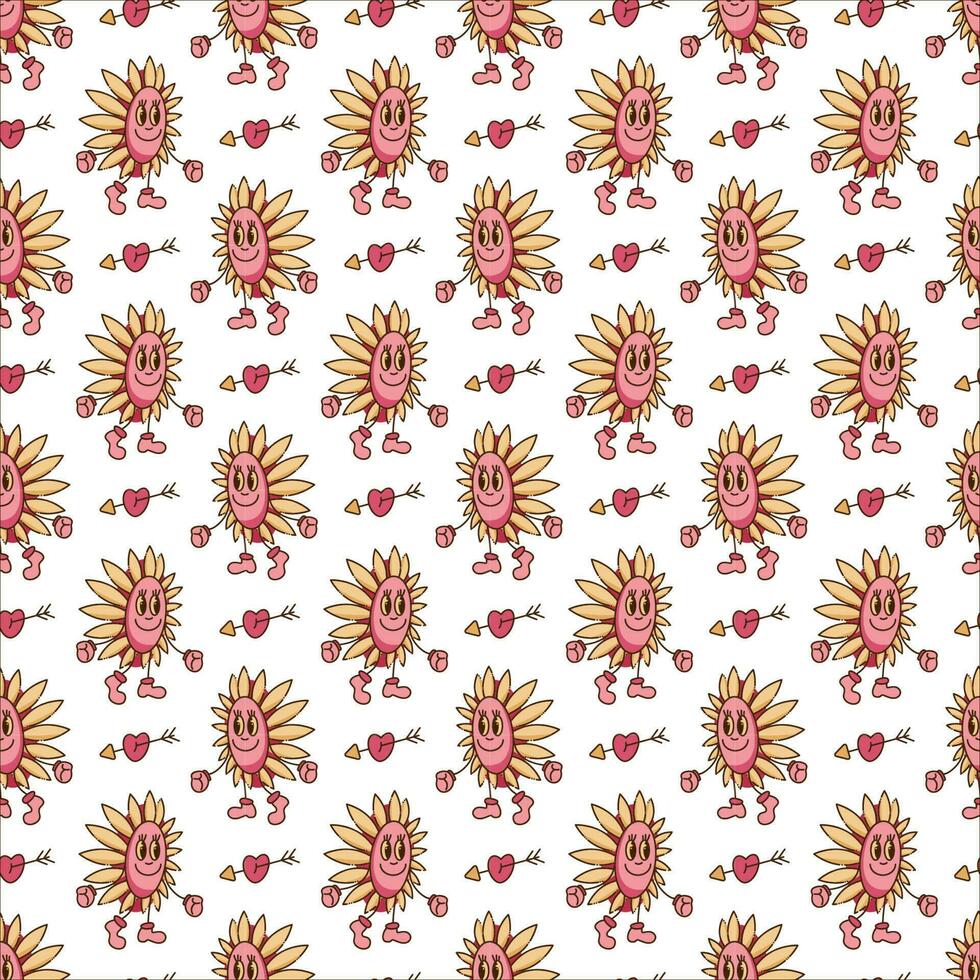 Seamless pattern in y2k style with sunflower character and arrow. Cartoon flat color vector illustration.