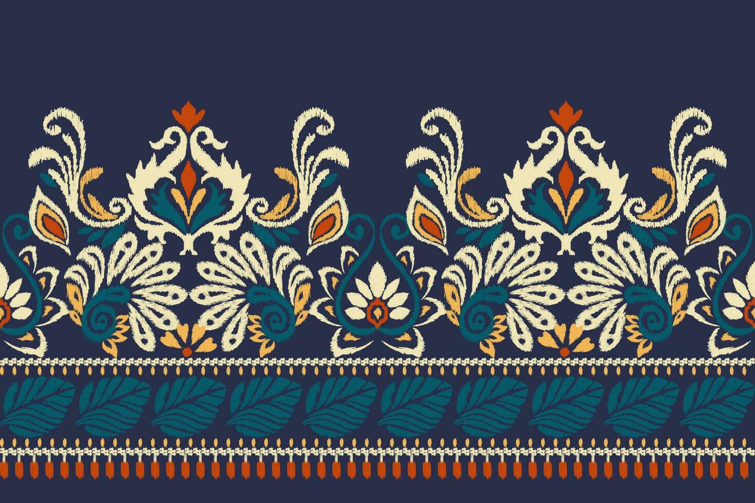 Ikat floral paisley embroidery on navy blue background.Ikat ethnic oriental pattern traditional.Aztec style abstract vector illustration.design for texture,fabric,clothing,wrapping,decoration,sarong.