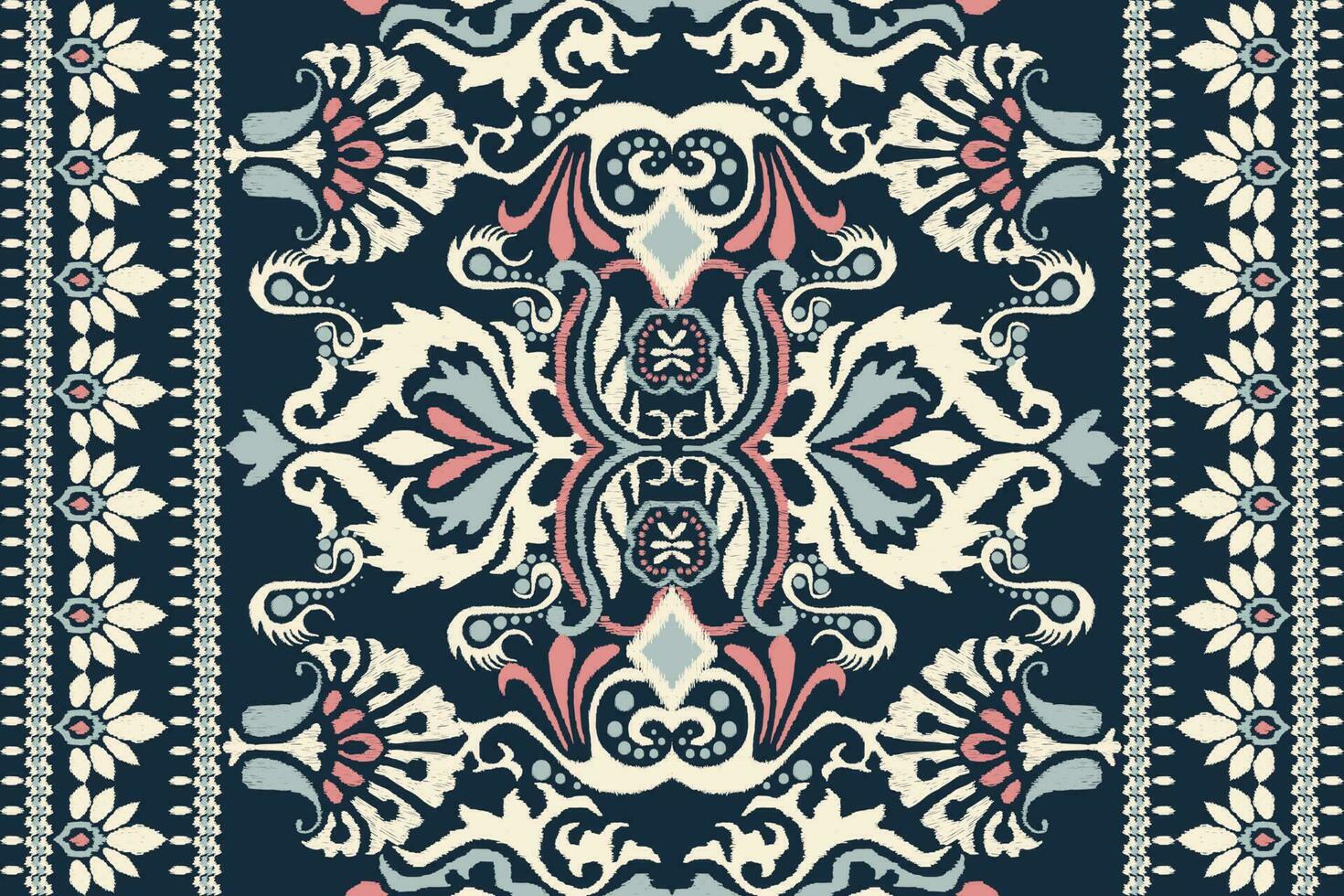 Ikat floral paisley embroidery on navy blue background.Ikat ethnic oriental pattern traditional.Aztec style abstract vector illustration.design for texture,fabric,clothing,wrapping,decoration,carpet.