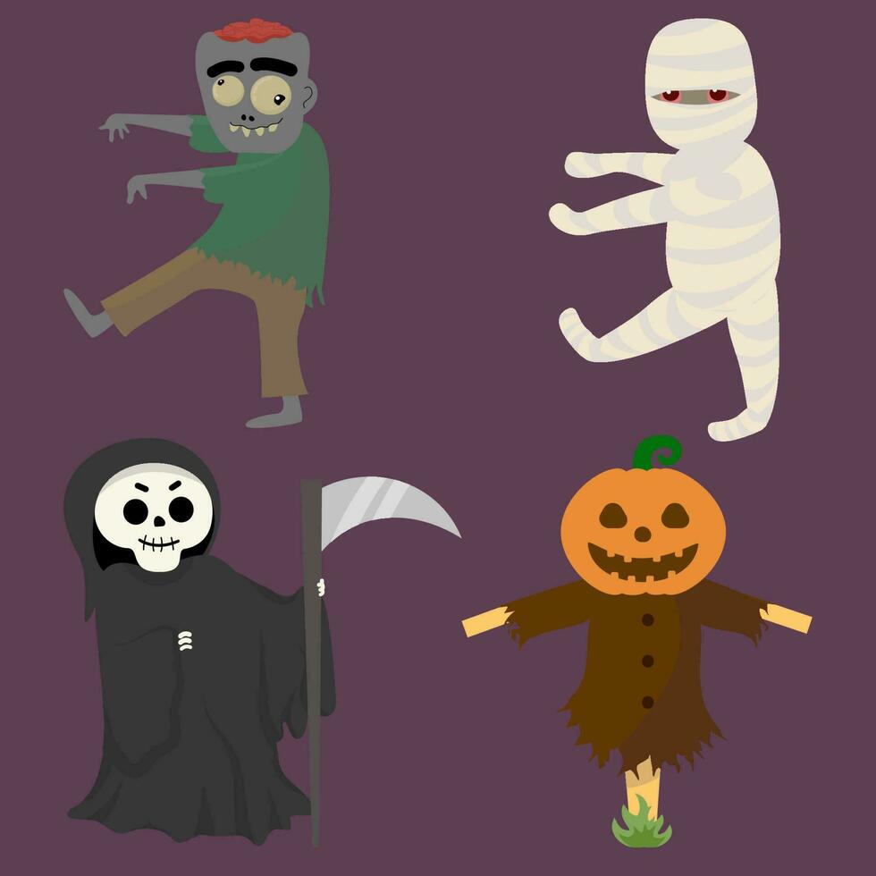 colección de fantasmas espantapájaros zombi momia y severo segador vector