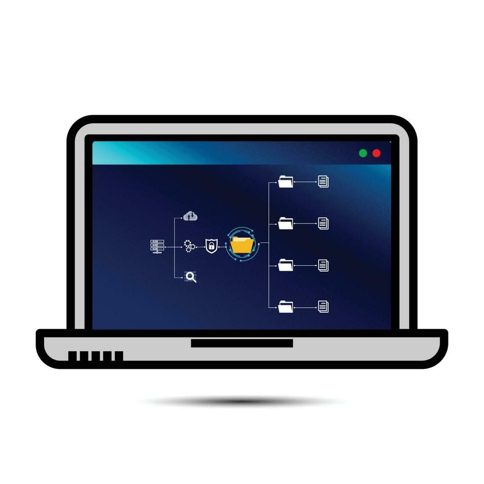 Laptop with Folder document Management Open File folder with flying blank documents with computer. Data transfer backup, File Sharing, Document Transferring concept. searching and managing files. vector