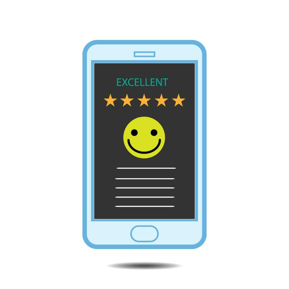 Emoticon smiley face on smartphone screen. with popup five star icon for feedback review satisfaction service, Customer service experience and business satisfaction survey. vector