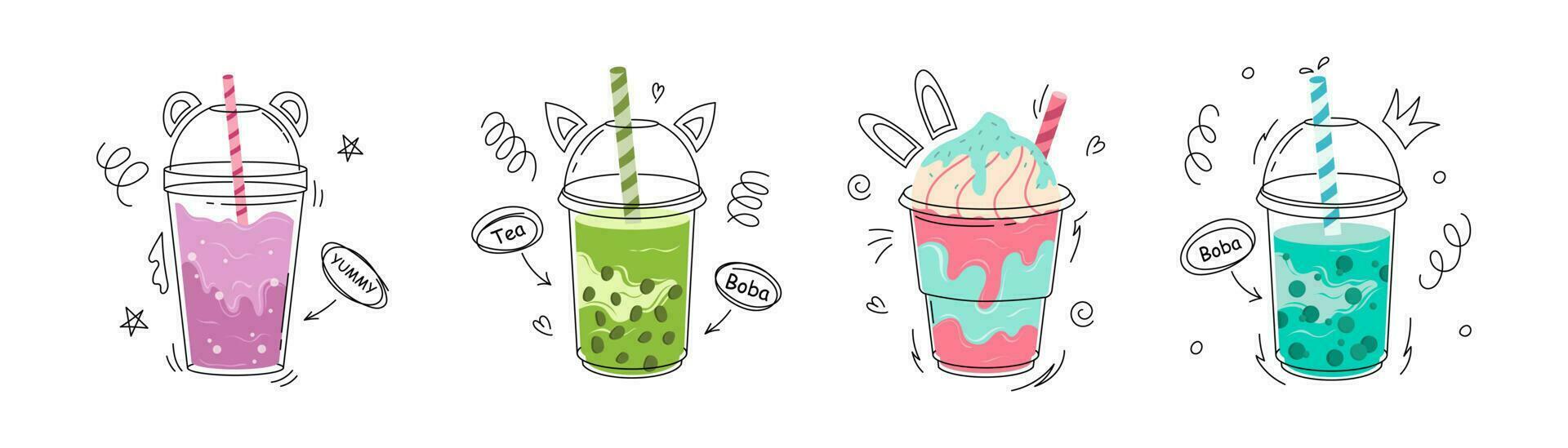 Bubble tea cup design collection, Pearl milk tea, Yummy drinks, milkshake and soft drinks with doodle style banner. Bubble milk tea ads with delicious tapioca and pearl. Cartoon Vector Illustration.