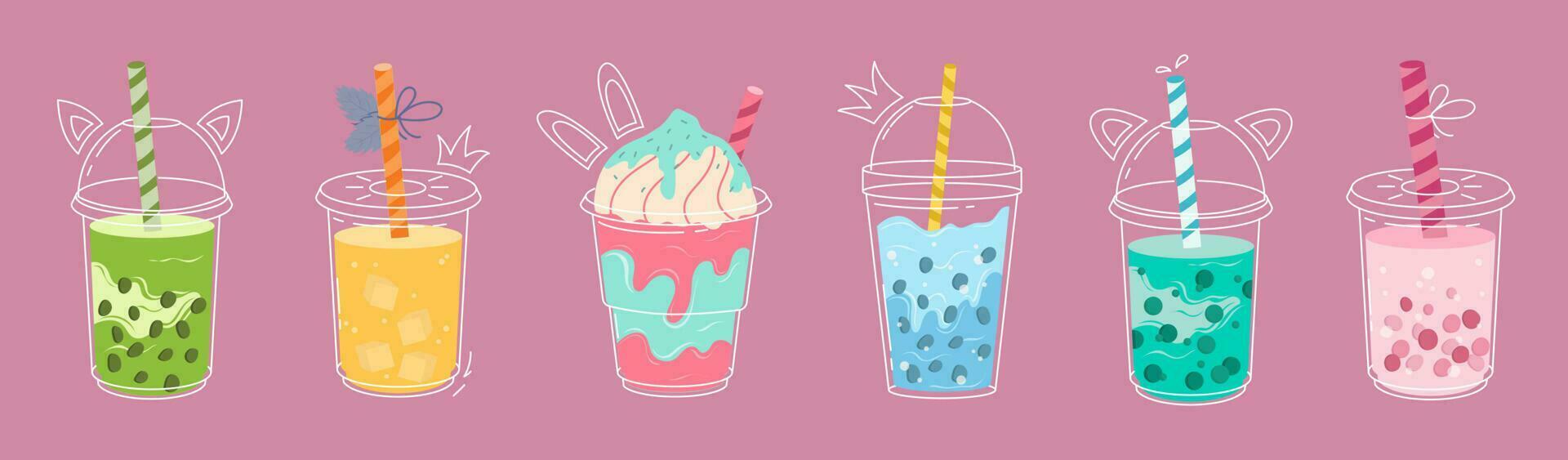 Bubble tea cup design collection, Pearl milk tea, Yummy drinks, coffees and soft drinks with doodle style banner. Colorful flat vector illustration. Boba Yummy Beverages in Glass or Plastic Cups.