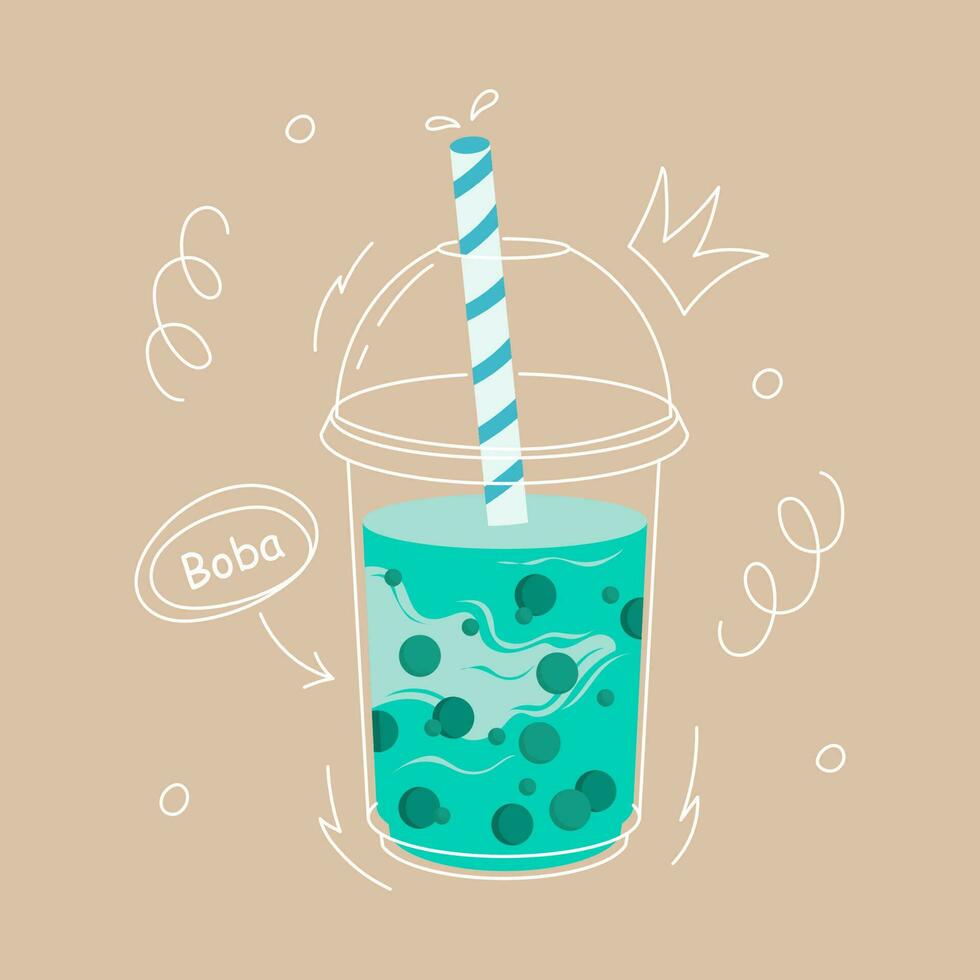 Taro Bubble tea. Milk tea with tapioca pearls. Boba tea. Asian Taiwanese drink. Hand drawn colored trendy vector illustration with text. Cartoon style. Flat design. Beverage recipe.