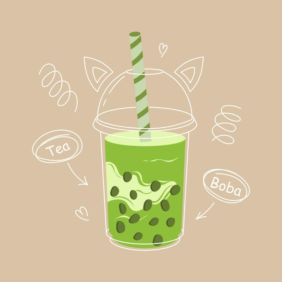 boba té. asiático taiwanés beber. mano dibujado de colores de moda vector ilustración con texto. dibujos animados estilo. plano diseño. taro burbuja té. Leche té con tapioca perlas balbuceando con garabatear elementos.