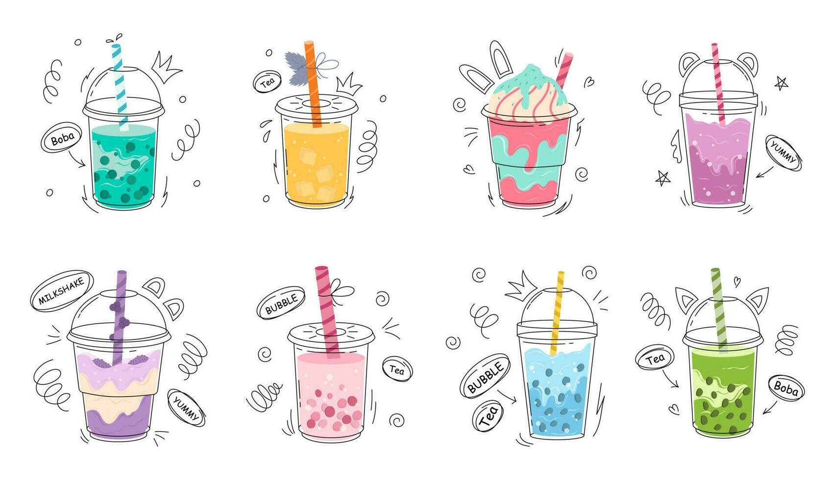 conjunto de burbuja té o café bebidas aislado en blanco antecedentes. perla Leche té , boba sabroso bebidas en vaso o el plastico tazas con paja, gráfico diseño recopilación, dibujos animados vector ilustración