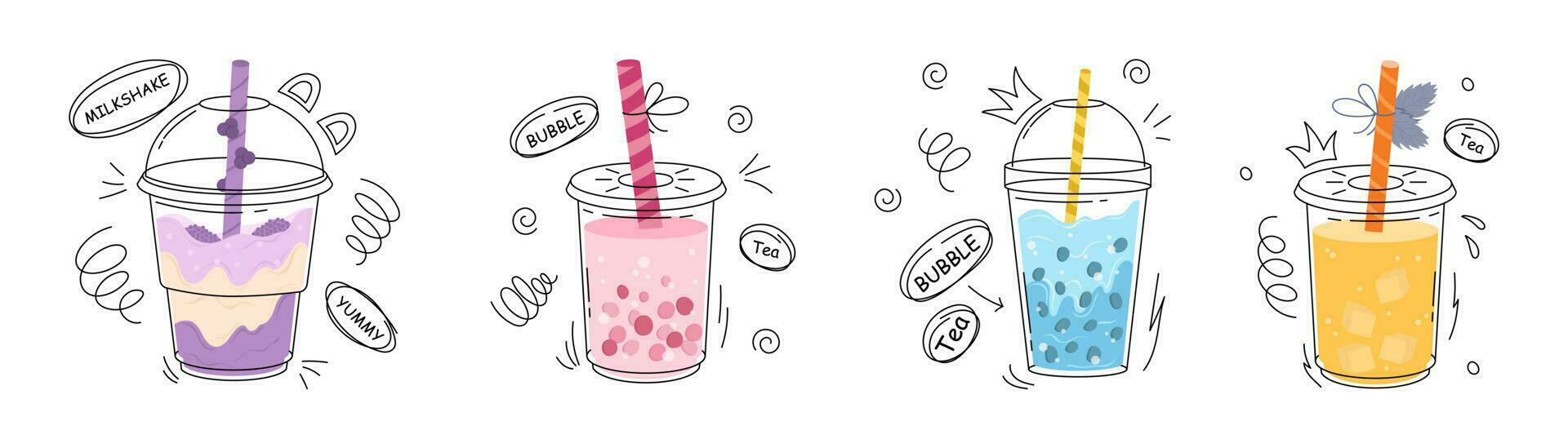 Bubble tea cup design collection, Pearl milk tea, Yummy drinks, milkshake and soft drinks with doodle style banner. Colorful flat vector illustration. Boba Yummy Beverages in Glass or Plastic Cups.