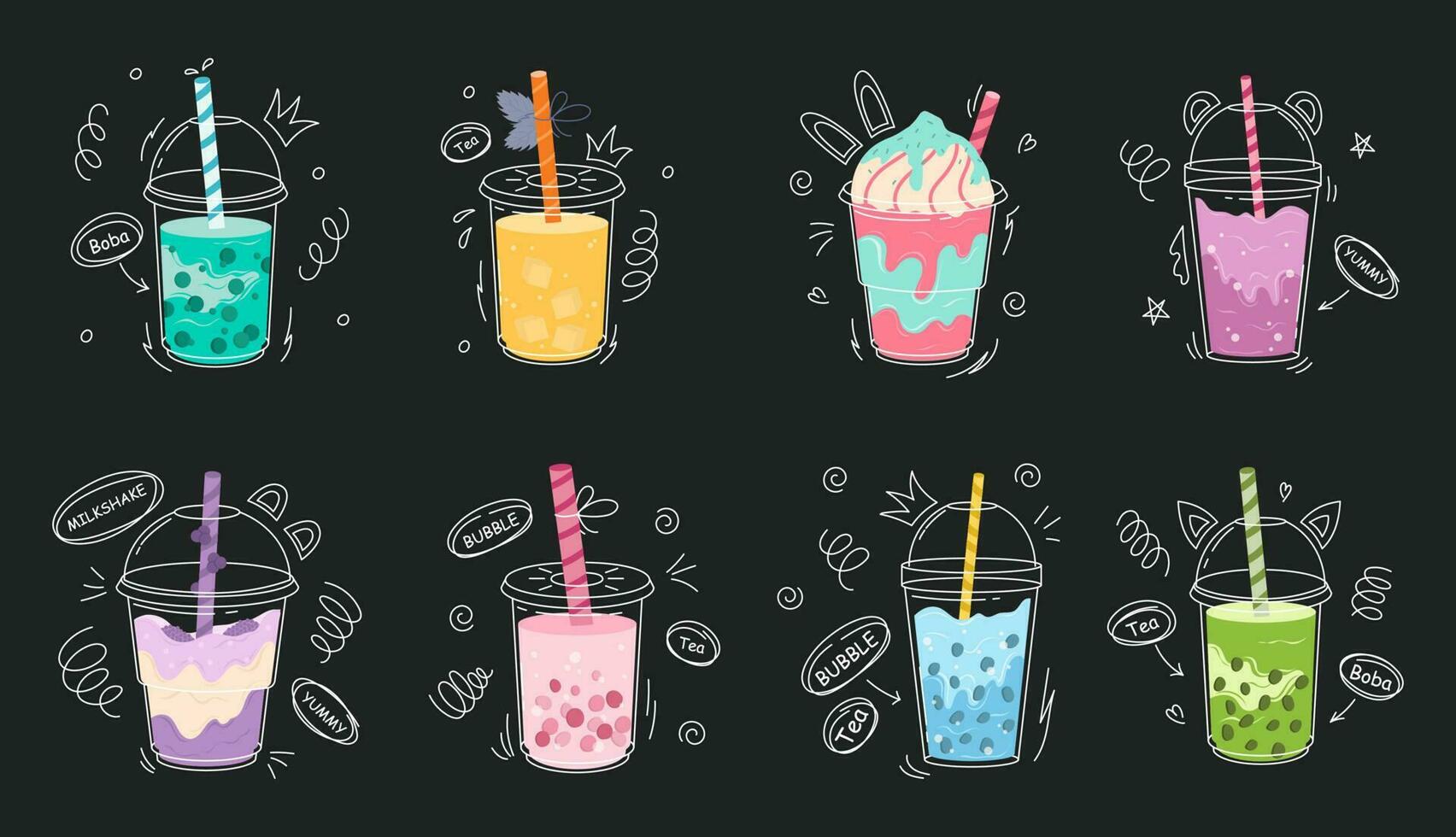 Bubble tea cup design collection, Yummy drinks, soft drinks with doodle style banner, Bubble milk tea ads with delicious tapioca and pearl, bubble tea menu graphic template. Vector stock illustration