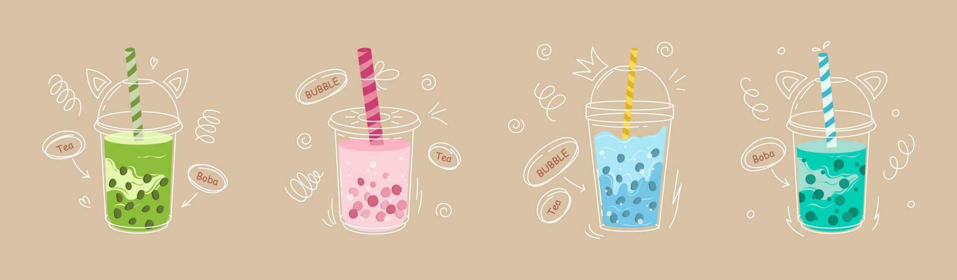 Set of various Bubble tea. Milk tea with tapioca pearls. Boba tea. Asian Taiwanese drink. Hand drawn colored trendy vector illustration. Cartoon style. Flat design. All elements are isolated