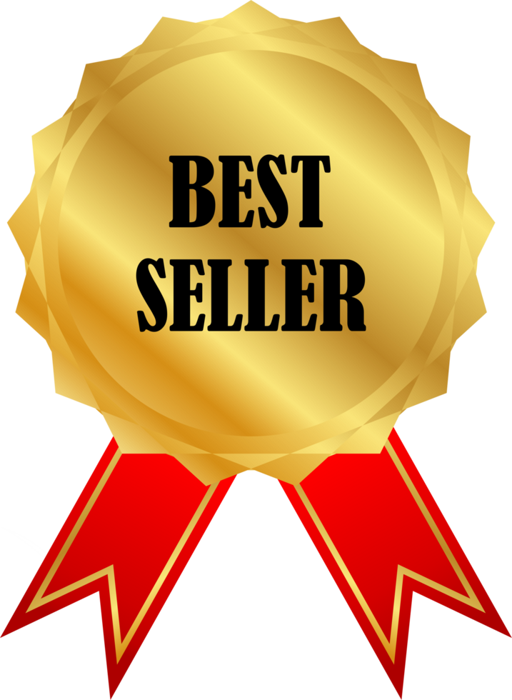 Golden best seller icon symbol sign with red ribbon transparent background png